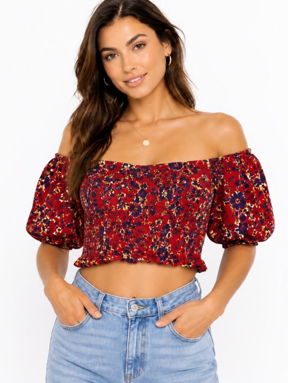 BP Nordstrom Women's XL Floral Smocked Crop Top Puff Sleeve Red Boho Cottagecore